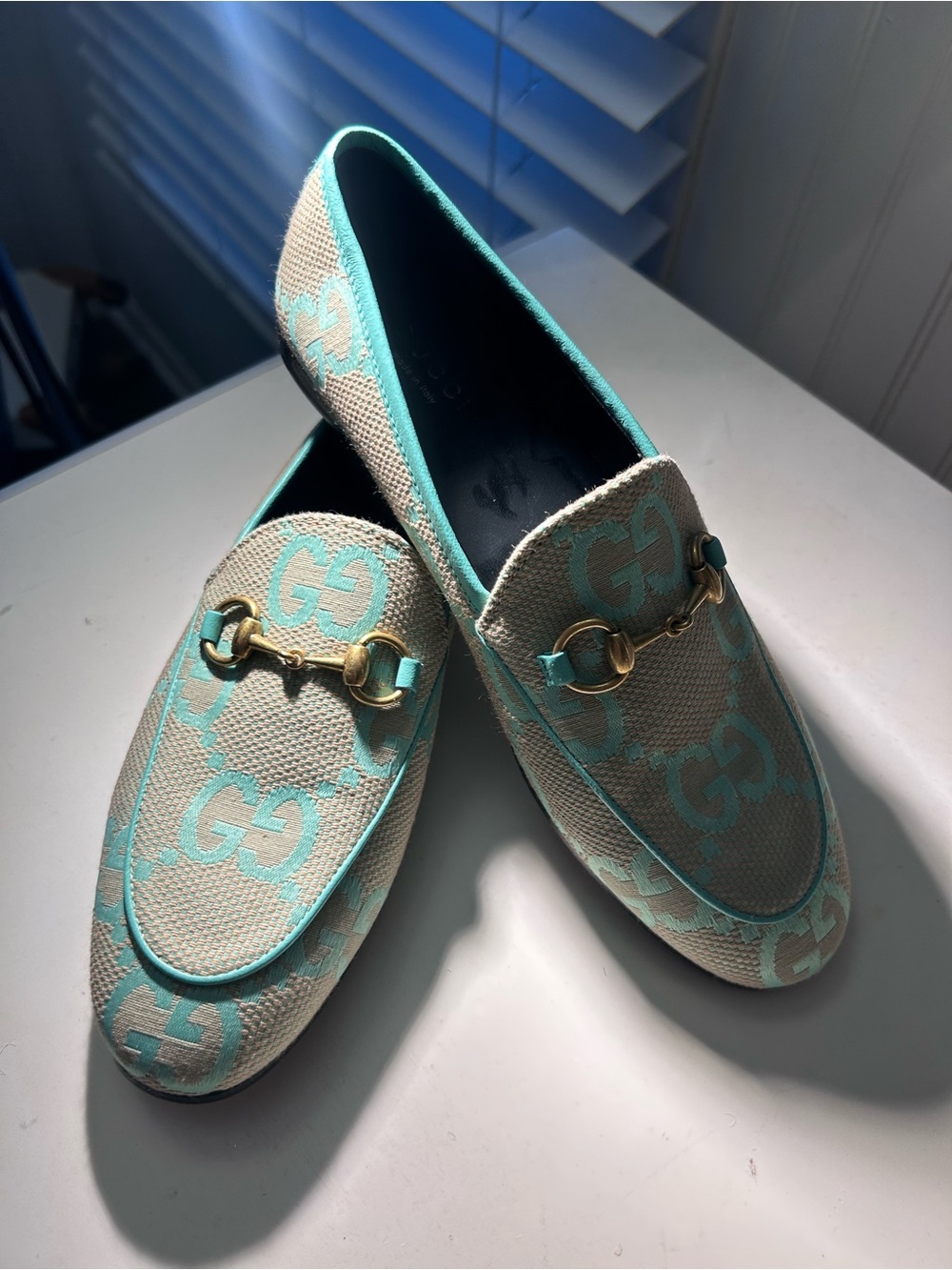 Gucci Beige Canvas Loafers with Aqua GG Monogram and Gold Horsebit
